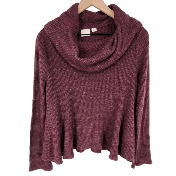 Anthropologie Postmark Cowl Neck Waffle Knit Swing Top Burgundy SZ XS - Picture 2 of 10